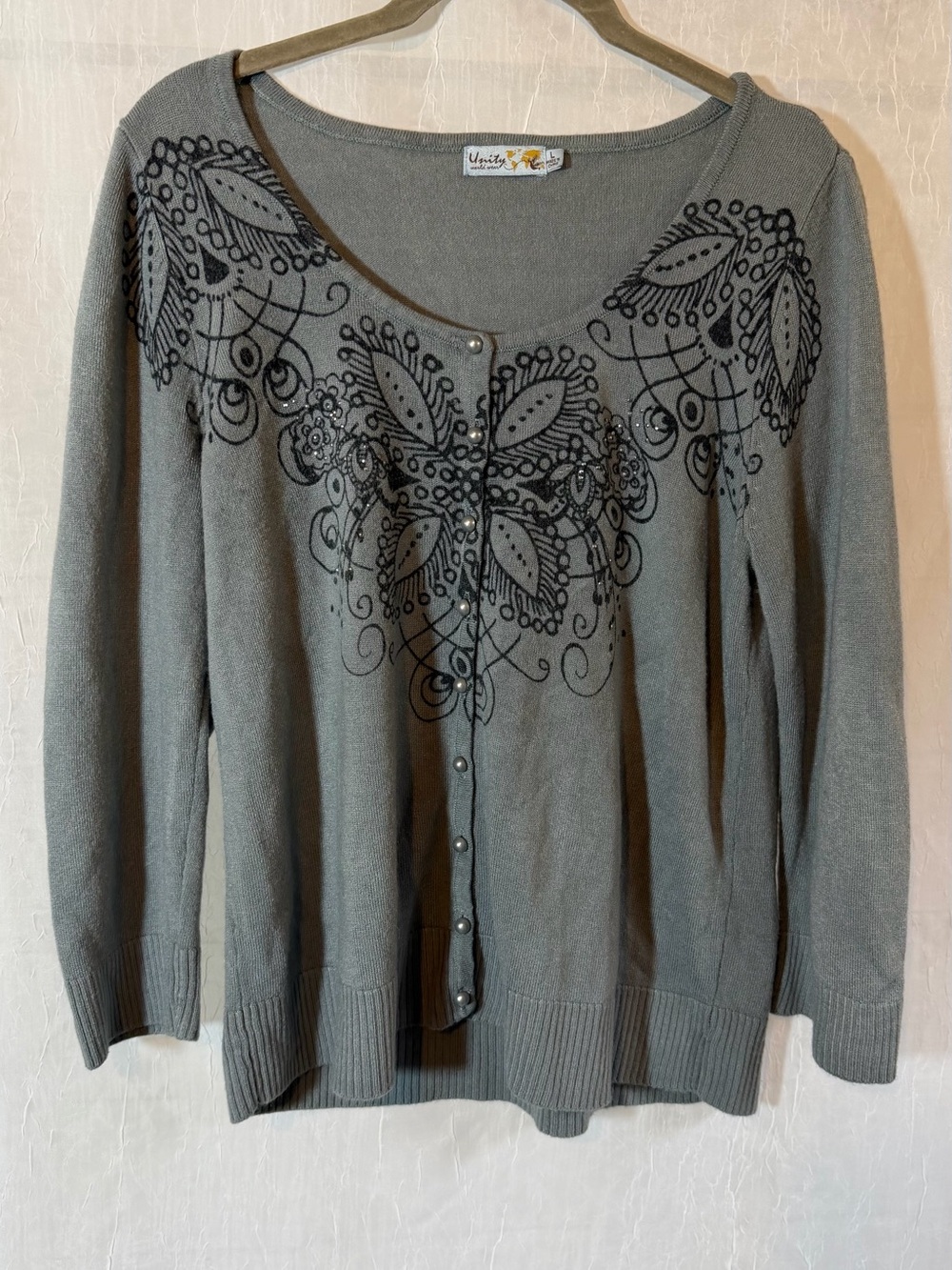 Unity World Wear Gray Embellished Button-Front Cardigan